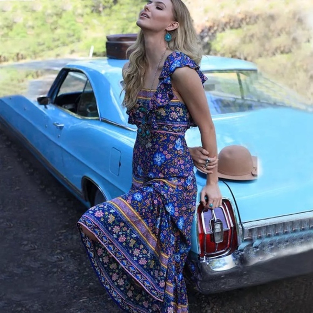 Blue Floral Boho Open Back Maxi Dress